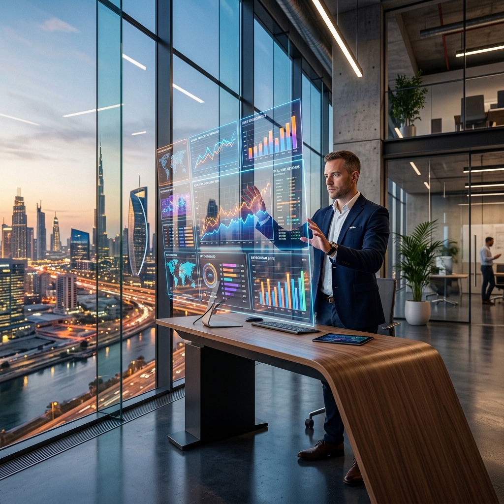 Data scientist analyzing machine learning model predictions on a holographic display